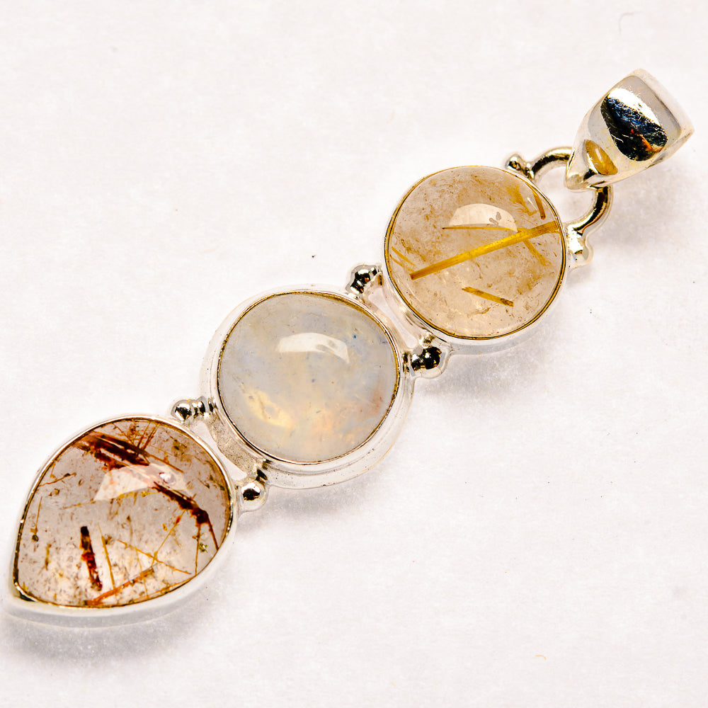Four-stone 925 sterling silver oval pendant with iridescent rutilated quartz