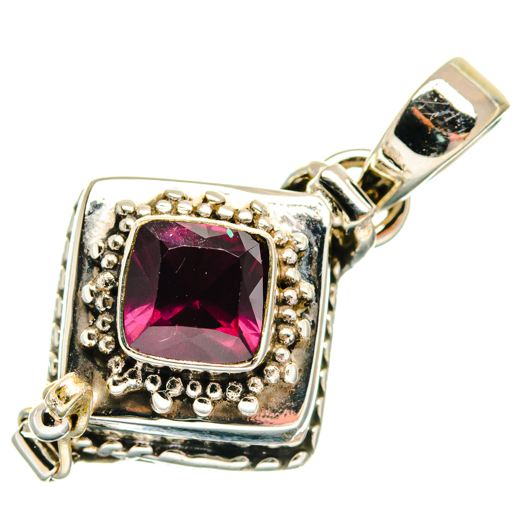 Sterling silver garnet pendant with square pink gemstone, beaded frame and top bail