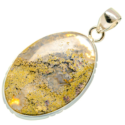 Close-up oval sterling silver pendant with gray plume agate, golden speckles, bail
