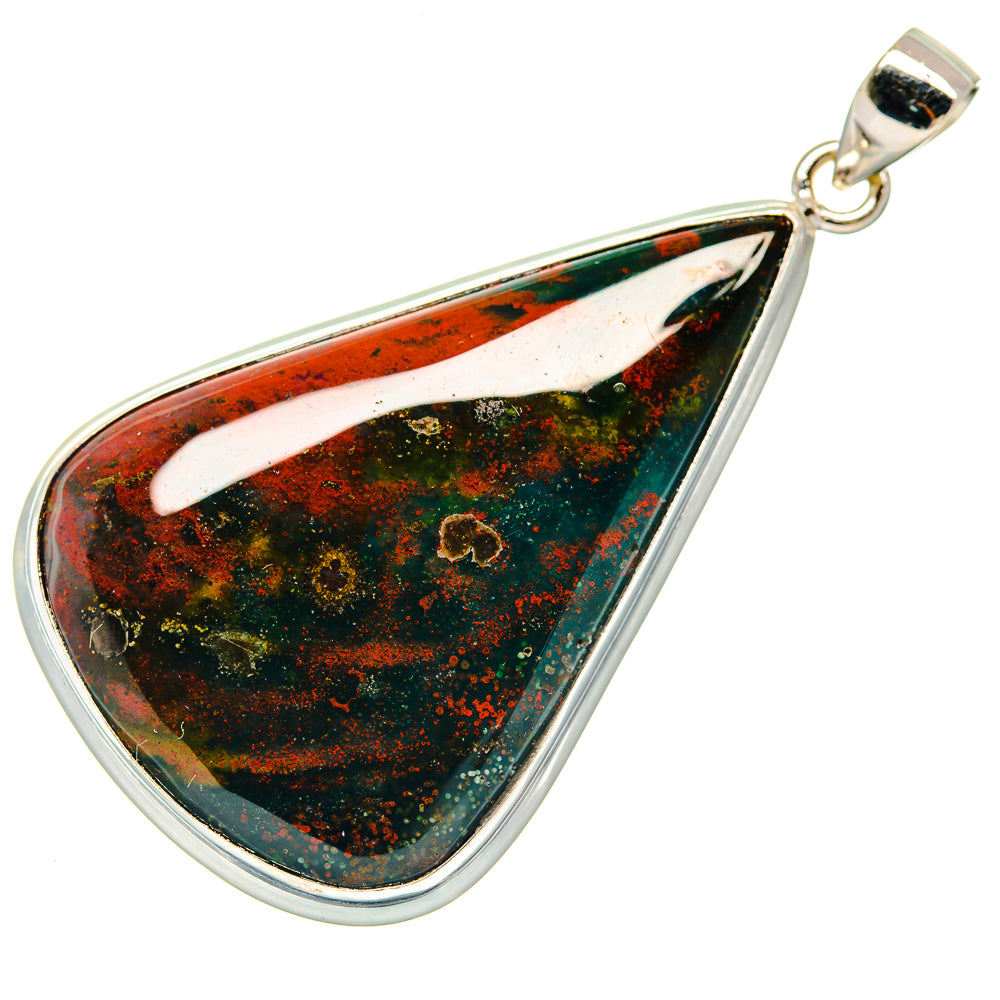 Teardrop bloodstone pendant with 925 sterling silver bezel and bail, red-green speckled.