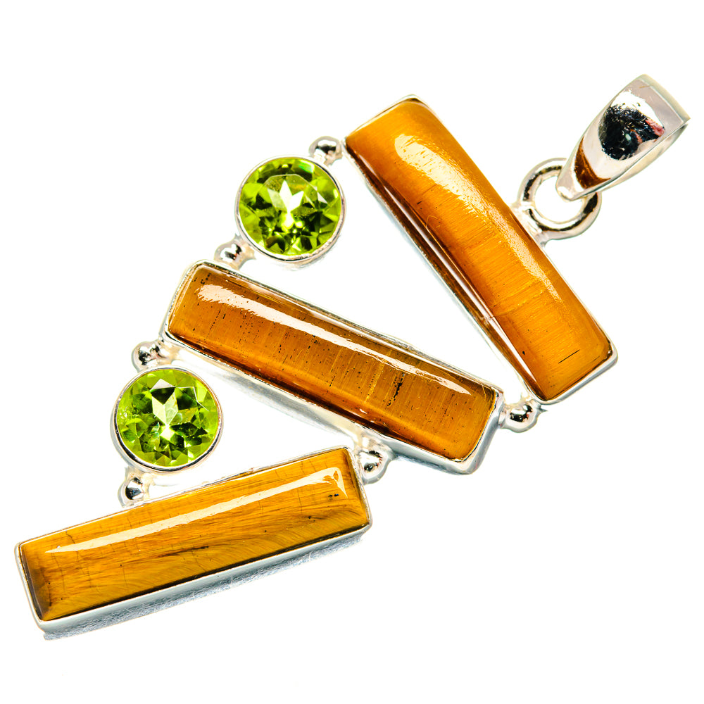 Sterling silver pendant, orange tiger eye rectangle inlay with three green peridot stones