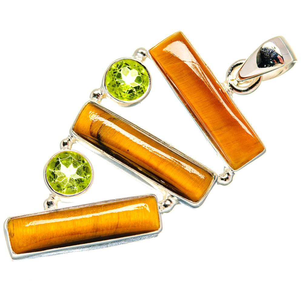 Sterling silver tiger eye pendant with three amber bars and two round peridot gems