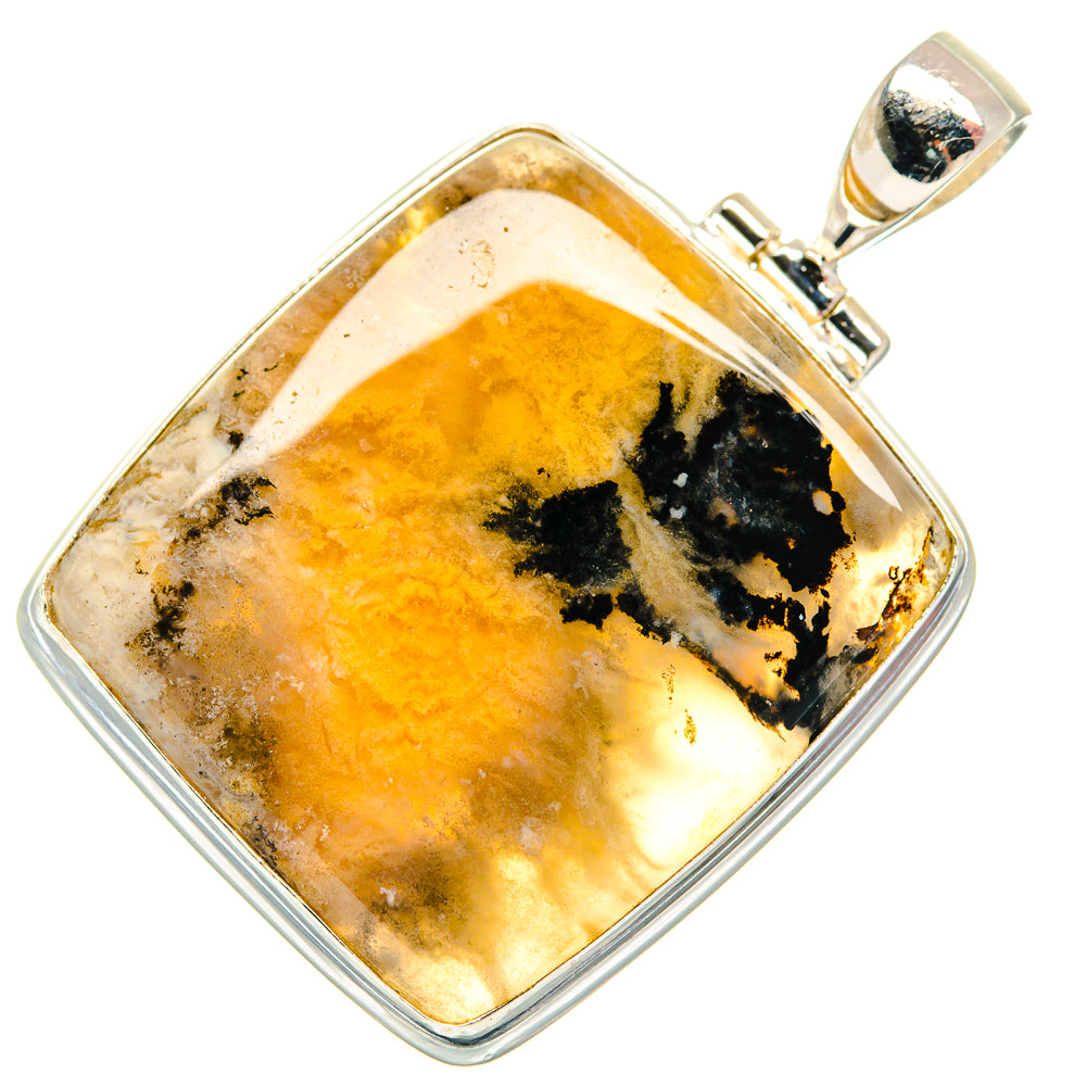 Sterling silver pendant featuring rectangular plume agate cabochon in bezel