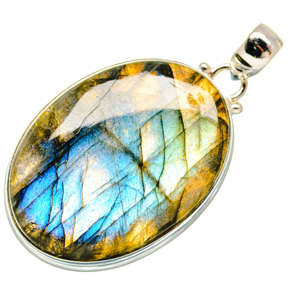 Labradorite sterling silver oval pendant, blue-green glow with gold-brown veining