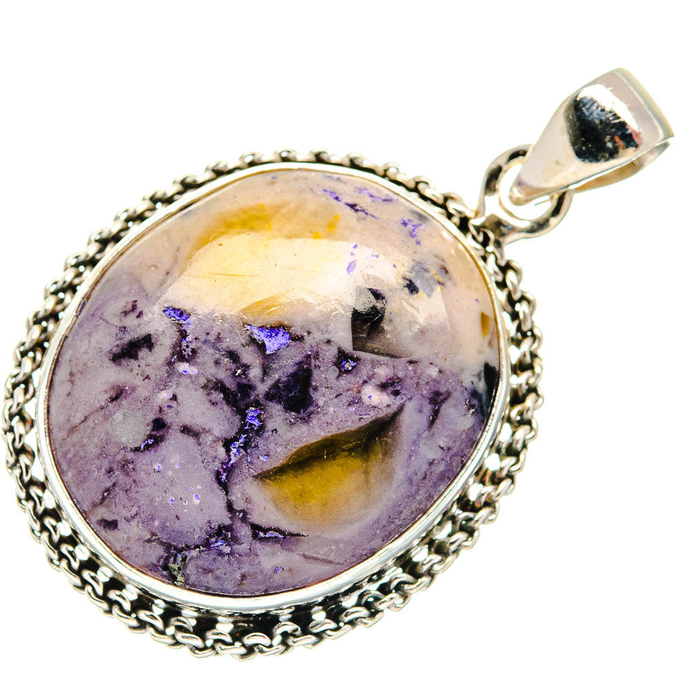 Oval purple-and-yellow stone sterling silver pendant with decorative rope bezel