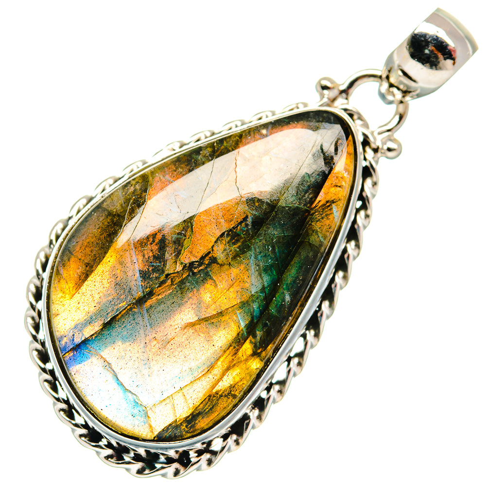 Oval labradorite sterling silver pendant with golden highlights and blue-green iridescence
