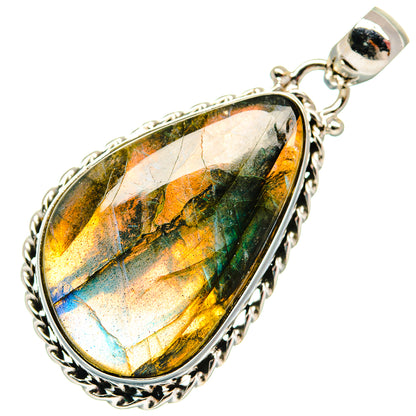 Oval labradorite sterling silver pendant with golden highlights and blue-green iridescence