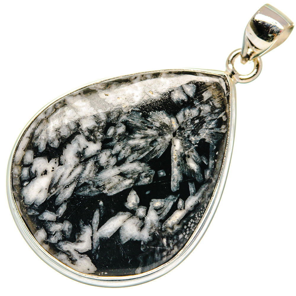 Chrysanthemum stone teardrop pendant, black with white speckles, 925 sterling silver