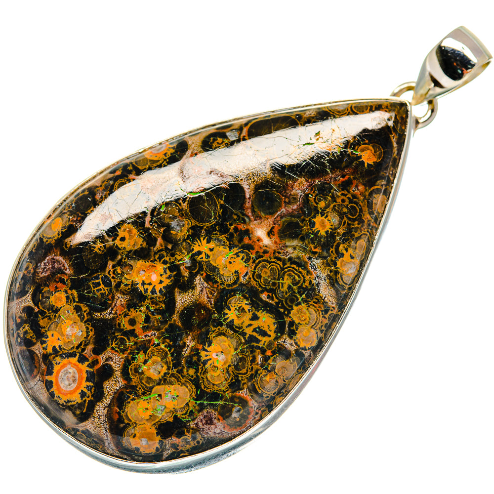 Teardrop jasper pendant set in silver bezel, black and yellow mottled pattern, top bail