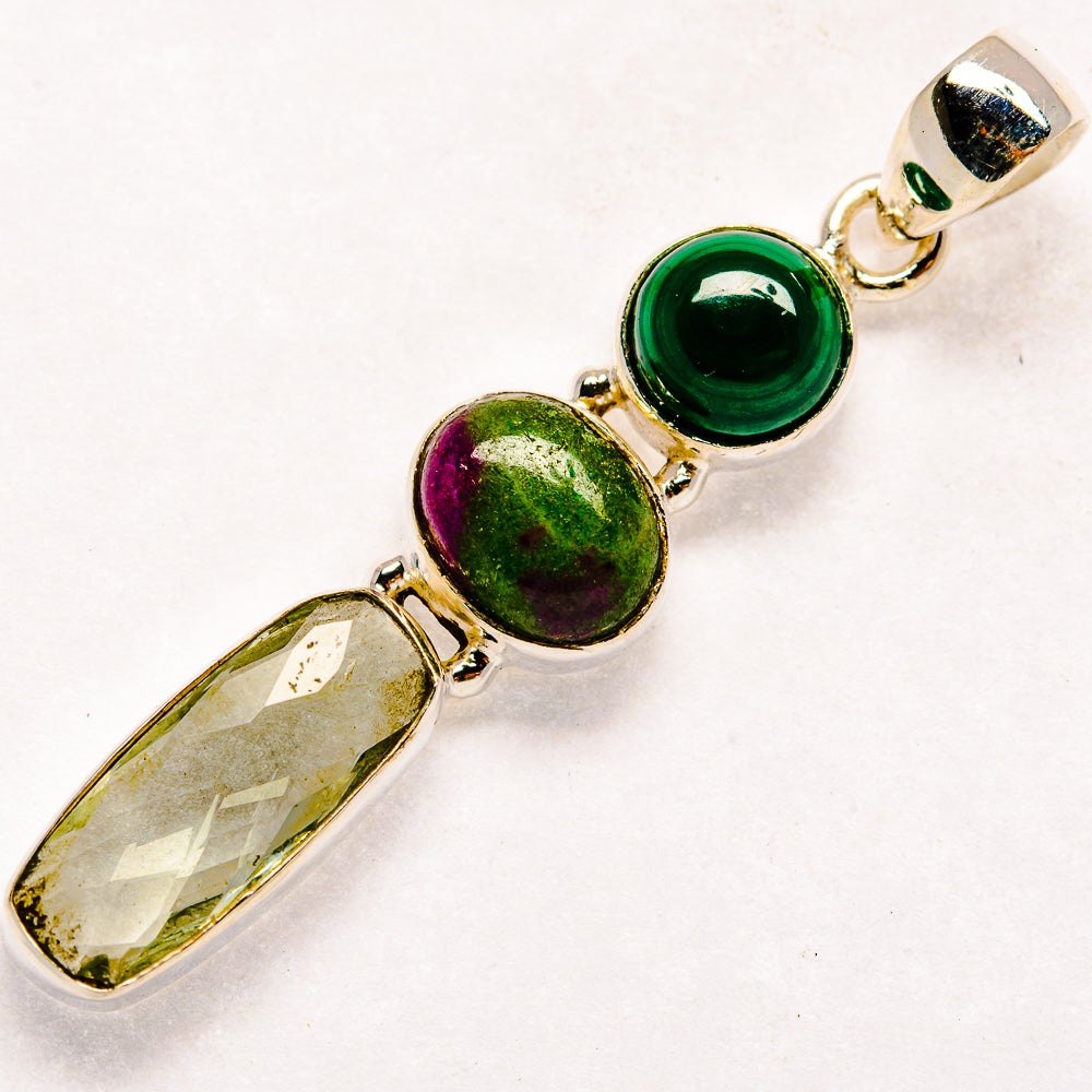Green amethyst, ruby zoisite, malachite pendant in 925 sterling silver with 3 faceted stones