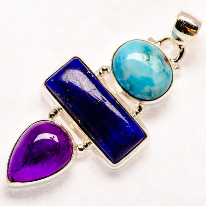 Sterling silver gemstone pendant with blue lapis rectangle, turquoise oval, purple teardrop