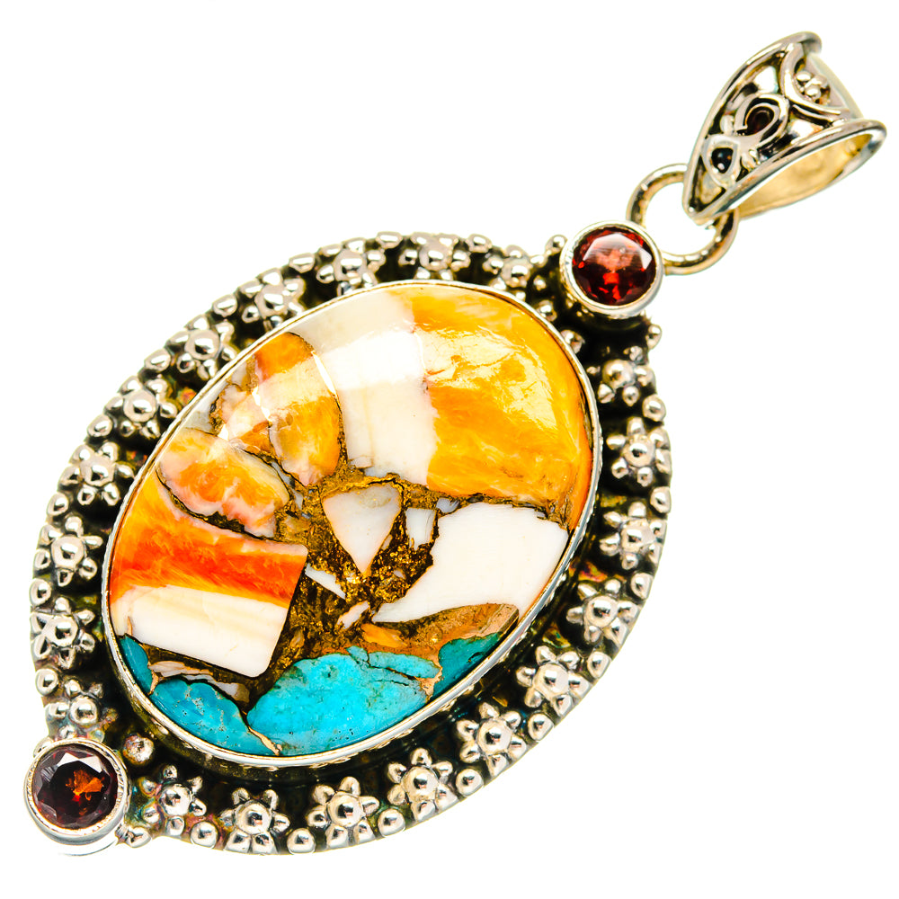 Oval mosaic stone pendant with turquoise and yellow-orange, sterling silver border and dark red drops