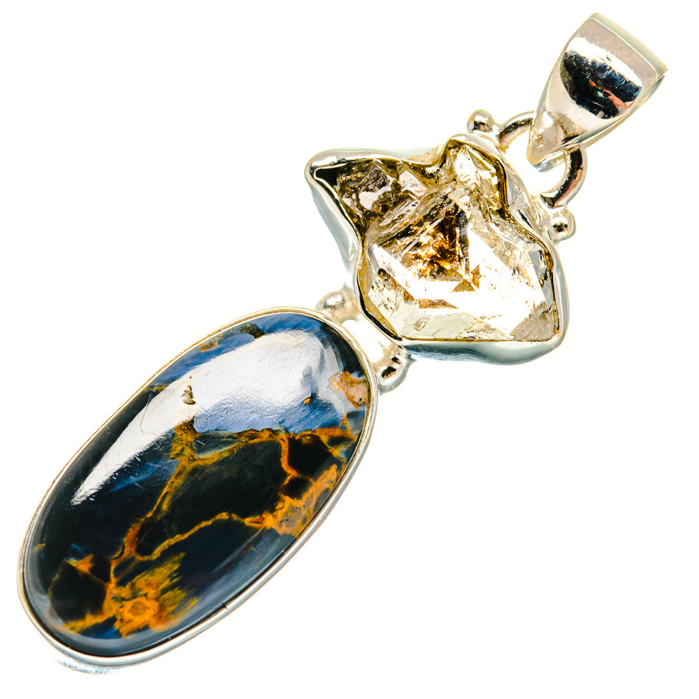 Sterling silver pendant with blue-gold pietersite oval and clear crystal in star setting