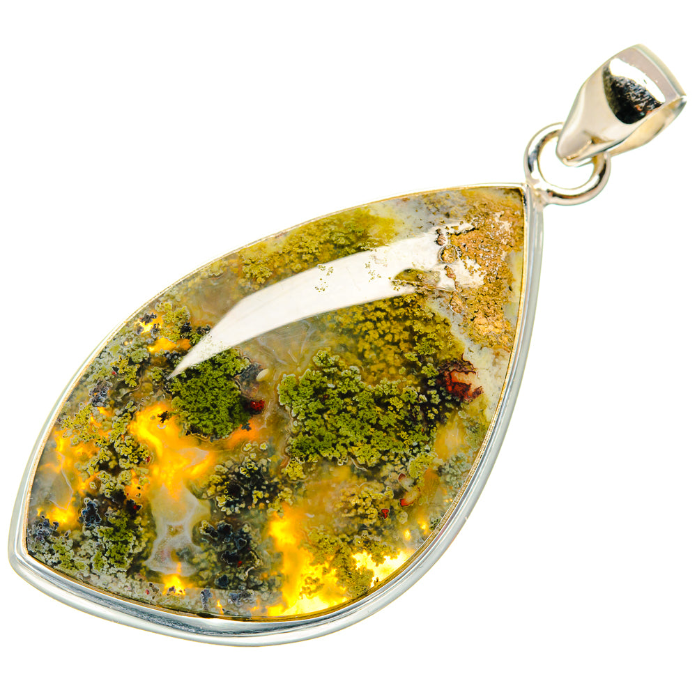 Sterling silver plume agate pear pendant with green and yellow mosaic stone