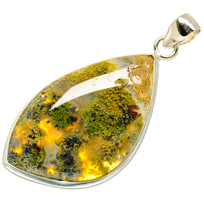 Sterling silver plume agate pear pendant with green and yellow mosaic stone