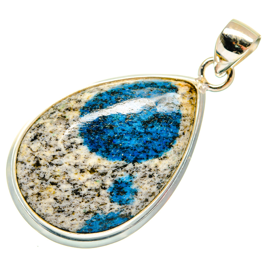 Sterling silver teardrop pendant with blue azurite stone center and textured bezel