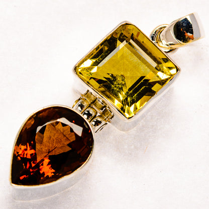 925 sterling silver pendant with square yellow citrine stone and oval dark smoky quartz