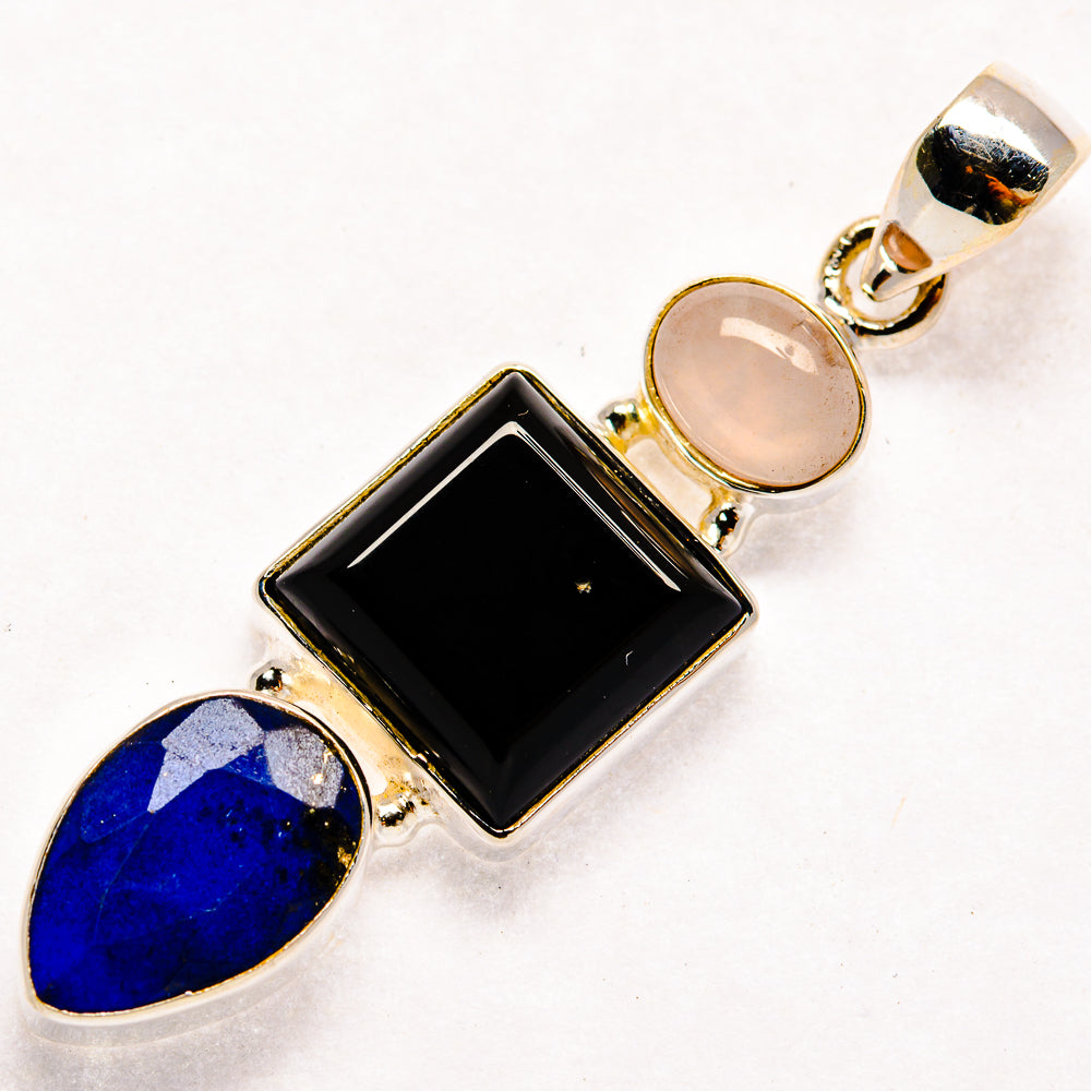 Sterling silver pendant with black square onyx, blue lapis oval, pink rose quartz discs