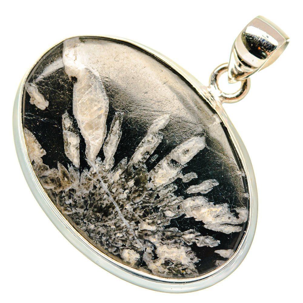 Oval chrysanthemum stone pendant in 925 sterling silver, black with white veining