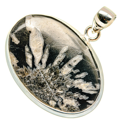 Oval chrysanthemum stone pendant in 925 sterling silver, black with white veining