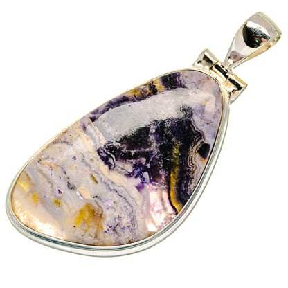 Teardrop stone pendant with purple, black, and cream marbled center in silver frame