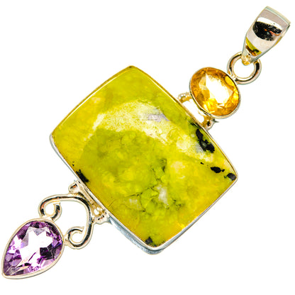 Square yellow gemstone pendant in sterling silver with citrine round bead and amethyst heart