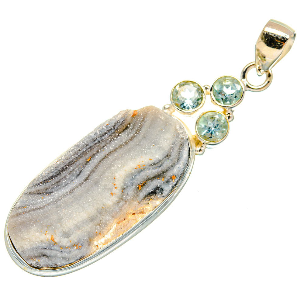 Sterling silver oval desert druzy pendant with bail and three round blue topaz gemstones