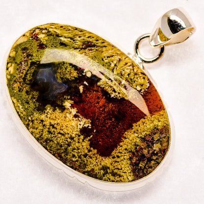 Oval plume agate stone pendant, 925 sterling silver bezel with bail