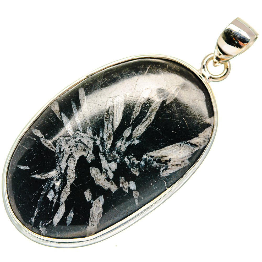 925 sterling silver pendant, oval black chrysanthemum stone with silver crystal pattern
