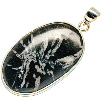 925 sterling silver pendant, oval black chrysanthemum stone with silver crystal pattern