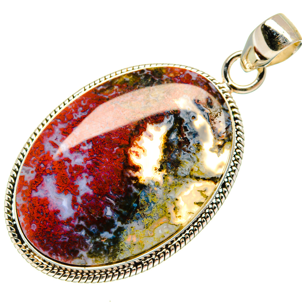 925 sterling silver plume agate pendant, oval bezel setting with bail; red and green