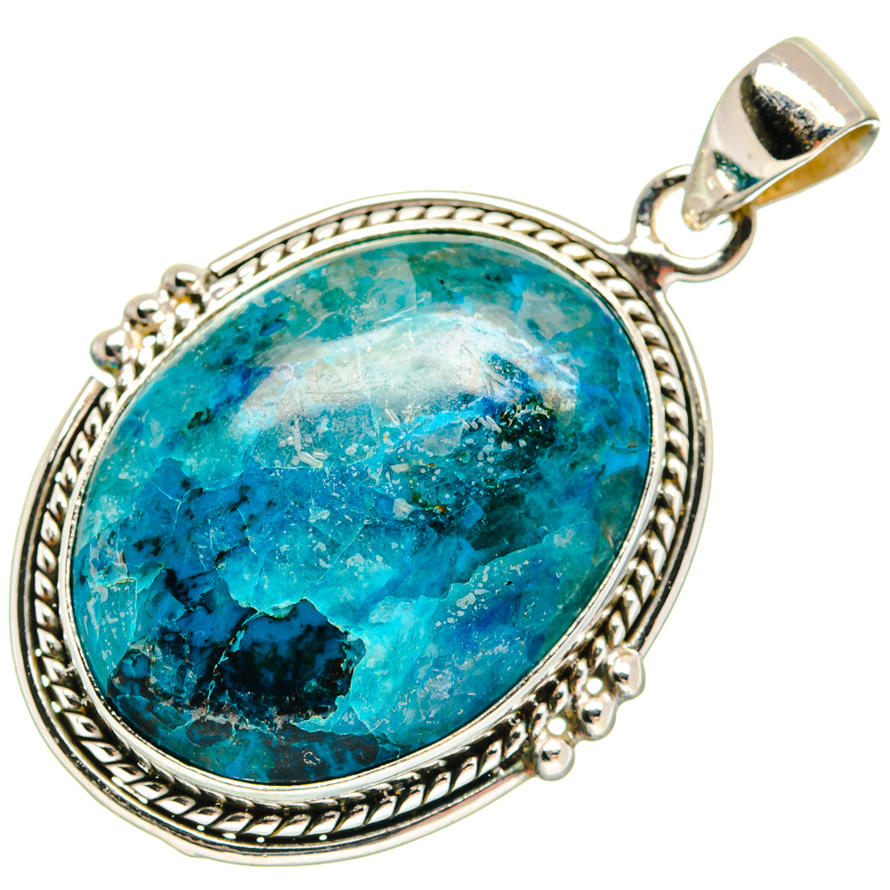 Oval chrysocolla pendant with bail, sterling silver rope-edge setting and blue-green stone