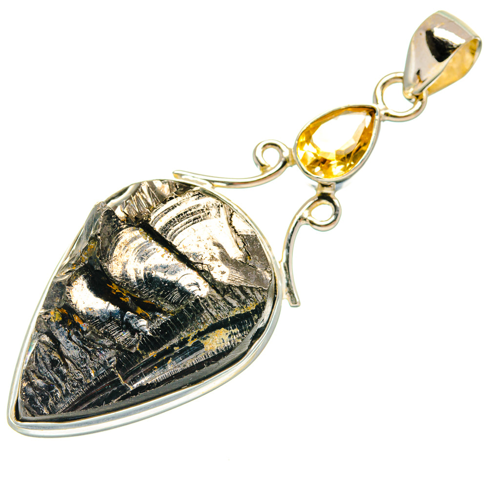 Sterling silver pendant with rough black shungite teardrop and two yellow citrine stones
