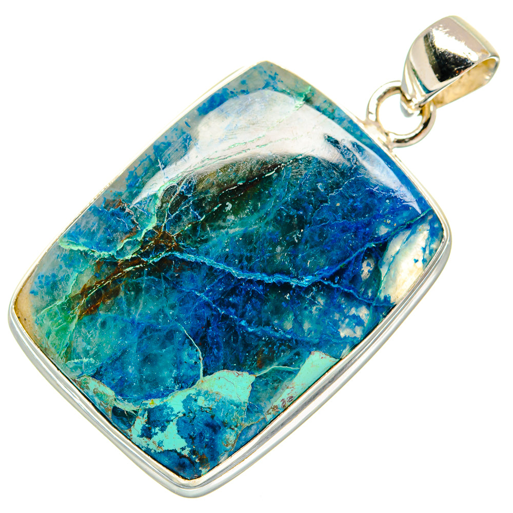 Blue-green chrysocolla in quartz pendant, square silver frame with top bail