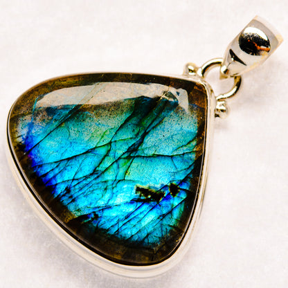 Sterling silver labradorite pendant with triangular teardrop cabochon, vivid blue iridescence