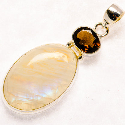 Opalescent moonstone and smoky quartz pendant in 925 sterling silver, oval setting
