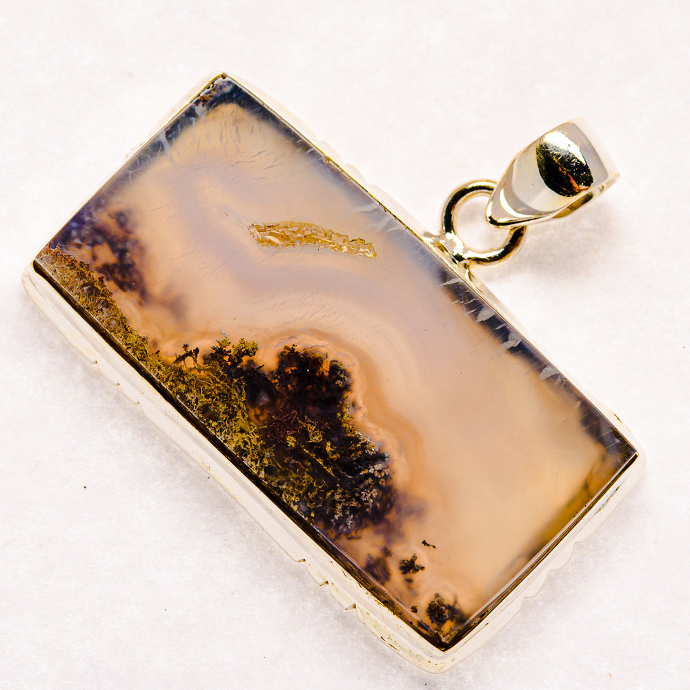 Rectangular plume agate pendant with dark mossy inclusions, silver bezel and loop, 925