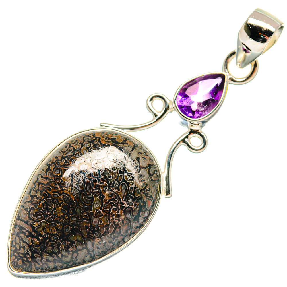 925 sterling silver amethyst and dinosaur-bone heart pendant with bail loop