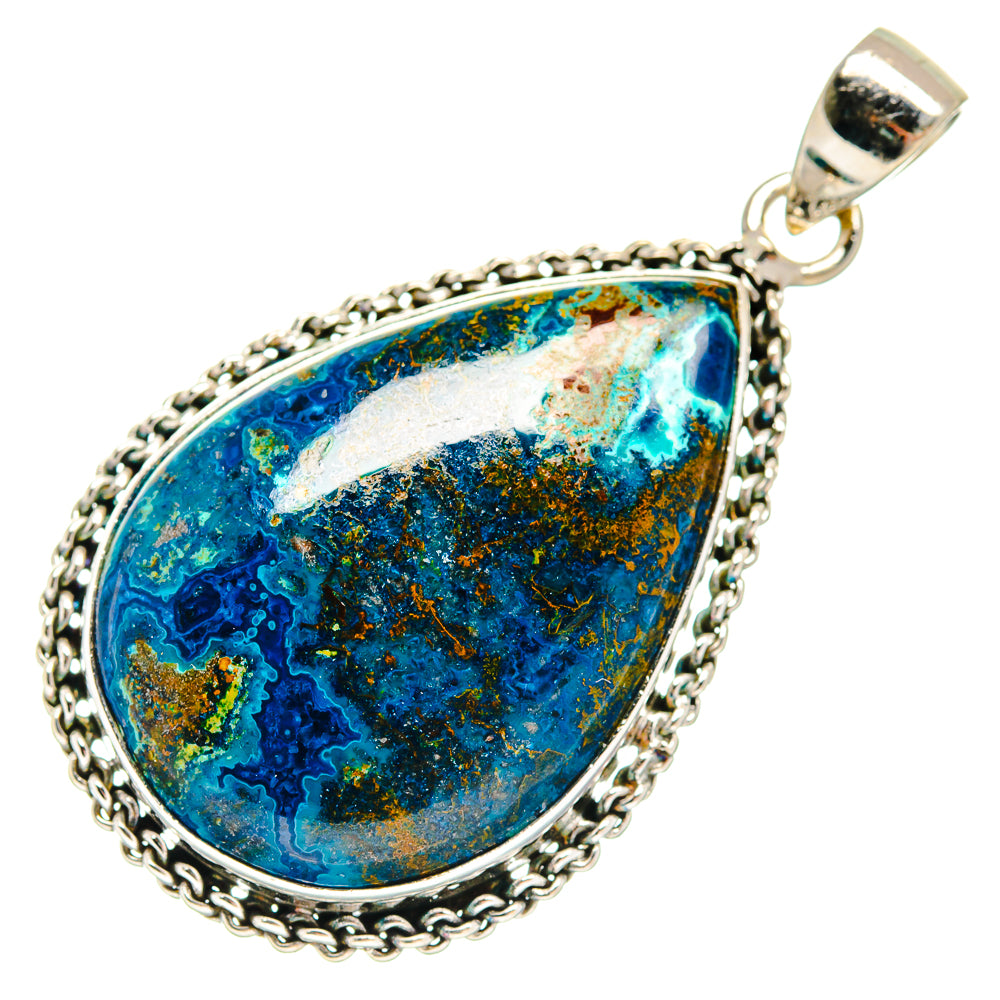 Azurite teardrop pendant with blue stone and sterling silver bezel, top bail