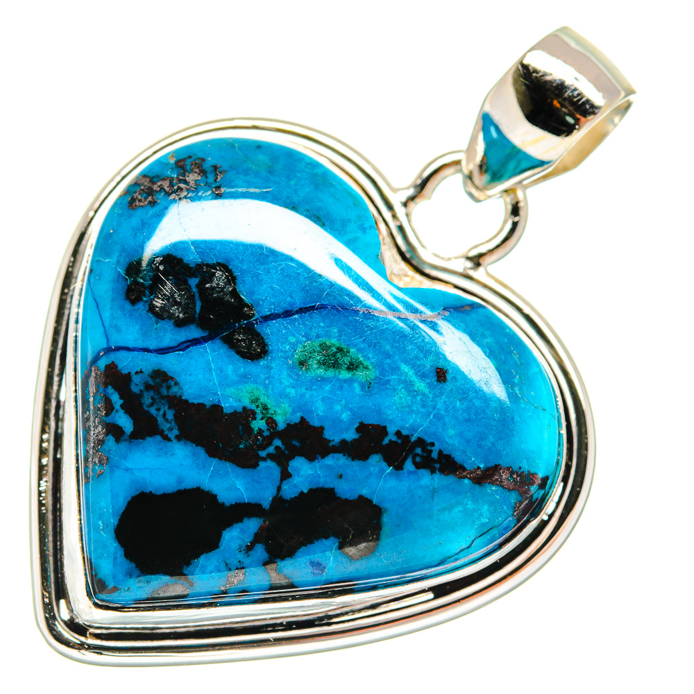 Heart-shaped shattuckite pendant with turquoise cabochon, 925 sterling silver bezel and loop
