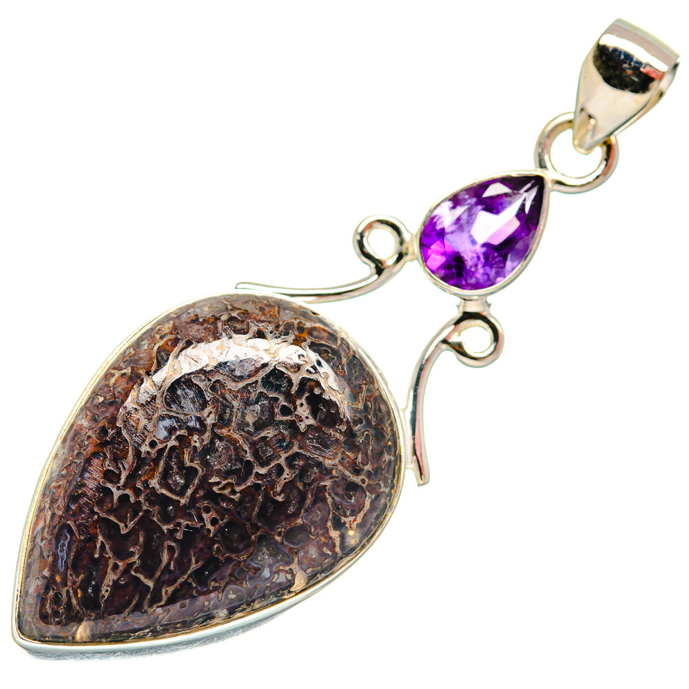 925 sterling silver dinosaur bone & amethyst teardrop pendant with open bail