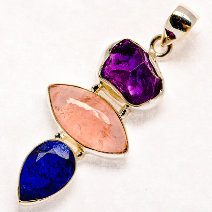 Sterling silver pendant with teardrop amethyst, rose quartz and lapis gemstone charms