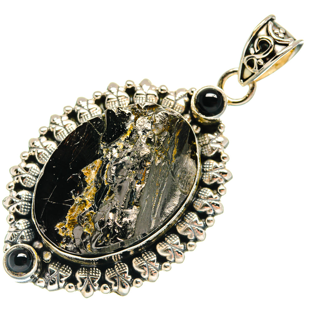 Rough shungite pendant with black onyx, ornate 925 silver bezel and bail loop