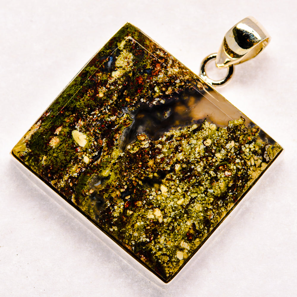 Sterling silver square plume agate pendant, dark green yellow speckle pattern, open bail