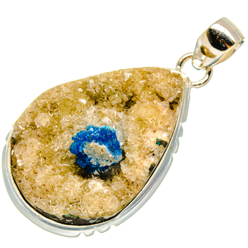 Teardrop cavansite crystal pendant in sterling silver bezel, blue stone on beige matrix