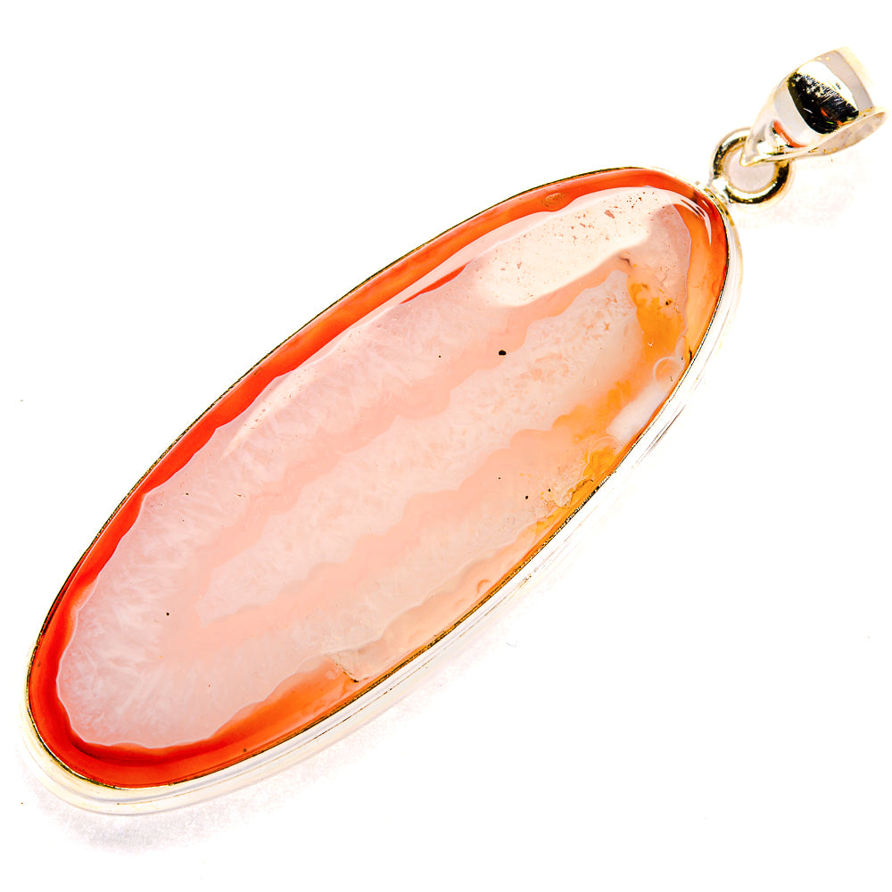 Teardrop agate pendant with orange-pink druzy stone in 925 sterling silver setting.