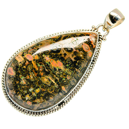 Sterling silver teardrop pendant with dark obsidian cabochon and orange-yellow speckles