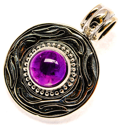 Round amethyst pendant with engraved blackened silver border, purple gemstone, and hanging bail