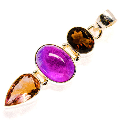 Sterling silver gemstone pendant with oval purple stone, smoky black stone, teardrop amber