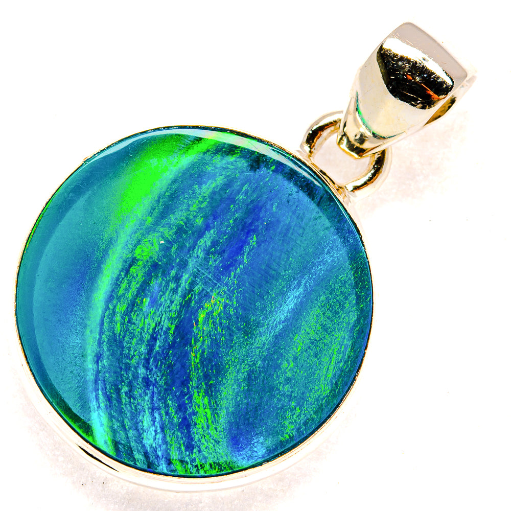 Round blue-green opal pendant with gold-tone bezel and square bail, 925 sterling silver